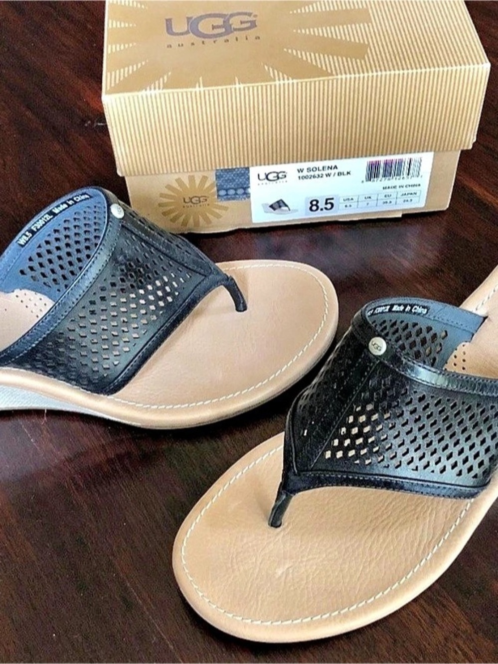 UGG Solena Wedge Sandal Perforated Thong Black & Tan US 8.5